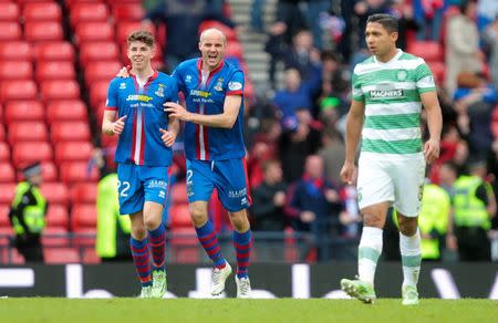 Football - Inverness Caledonian Thistle v Celtic - William Hill Scottish FA Cup Semi Final - Hampden Park, Glasgow, Scotland - 19/4/15 David Raven celebrates with Ryan Christie after scoring the third goal for Inverness Action Images via Reuters / Graham Stuart Livepic EDITORIAL USE ONLY.