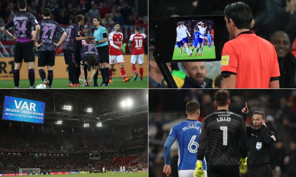 Clockwise from top left: Freiburg and Mainz players returned to the pitch during half-time for a penalty; Deniz Aytekin prepares to award Italy a spot-kick against England; Paul Tierney listens to the VAR decision to disallow a Spurs goal against Rochdale; and VAR in use at the Confederations Cup.