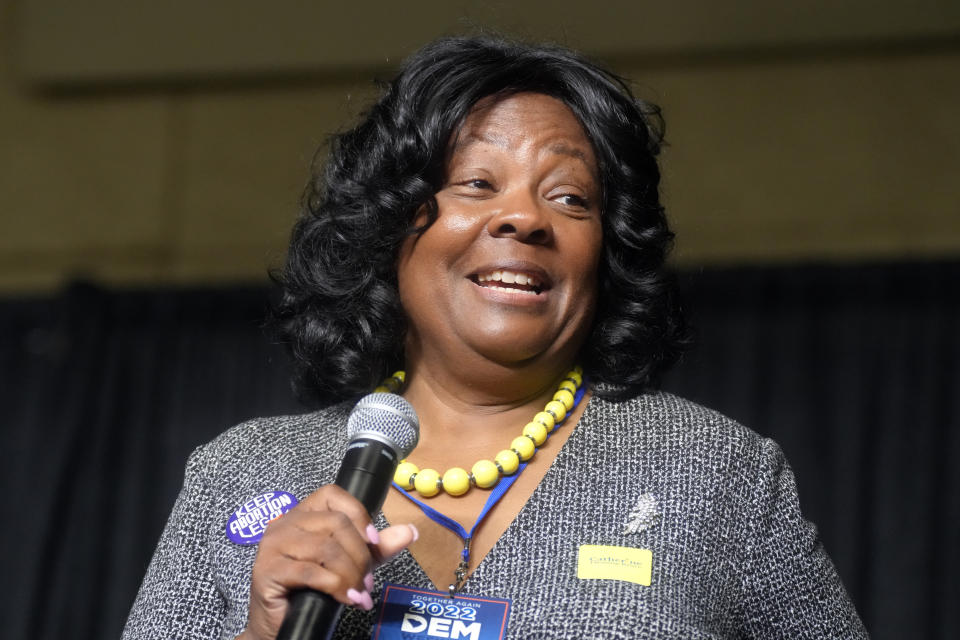 Catherine Fleming Bruce, a Democrat vying for her party's nomination to challenge GOP U.S. Sen. Tim Scott, speaks at the South Carolina Democratic Party convention on Saturday, June 11, 2022, in Columbia, S.C. (AP Photo/Meg Kinnard)