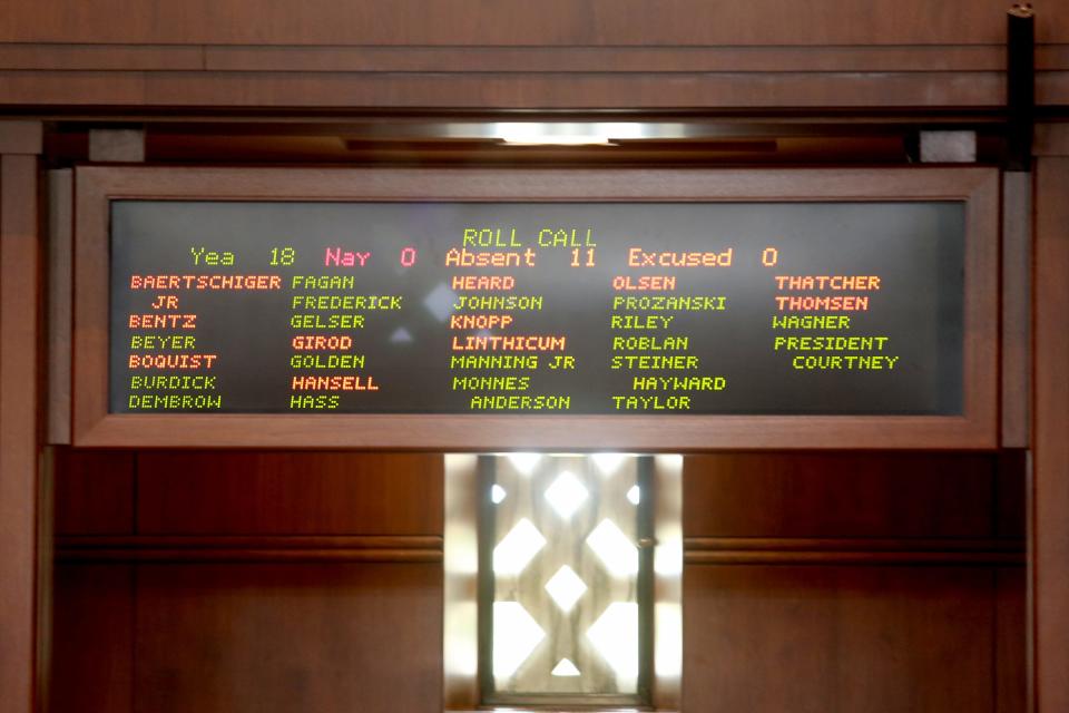 The Oregon Senate meets, but is unable to reach quorum as Republican senators continue to be absent from the Capitol over HB 2020, a greenhouse gas emissions cap-and-trade bill, at the Oregon State Capitol in Salem on June 23, 2019.