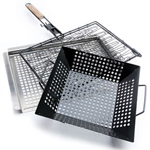 <b>10. Use A Grill Basket</b> <p> Use a grill basket (bedbathandbeyond.com, $6.99-24.99) for foods that might fall through the grill rack or are too cumbersome to turn over one by one (vegetables, fish, tofu, fruits, etc.). </p>