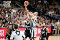 Mar 5, 2016; San Antonio, TX, USA; San Antonio Spurs shooting guard Manu Ginobili (20) shoots the ball against the Sacramento Kings during the first half at AT&T Center. Mandatory Credit: Soobum Im-USA TODAY Sports