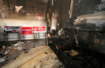 Views are seen of the damage caused in a firebomb attack on local offices of the North Carolina Republican Party in Hillsborough, North Carolina, U.S. October 17, 2016. REUTERS/Chris Keane