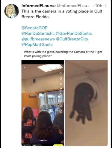 A Tweet with photos of black glove covering camera in Tiger Point polling place worried voters.