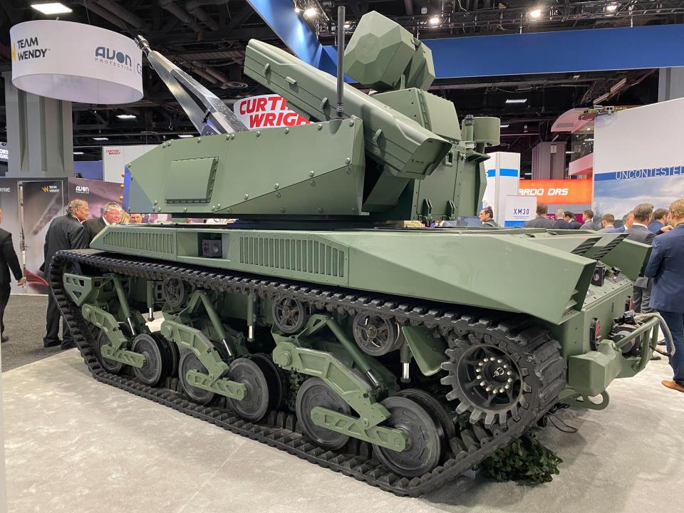 A look at the Ripsaw M5 with the Skyranger 30 at the 2023 AUSA show from the rear, which offers a good look at the turret's pop-up missile launcher. <em>Jamie Hunter</em>