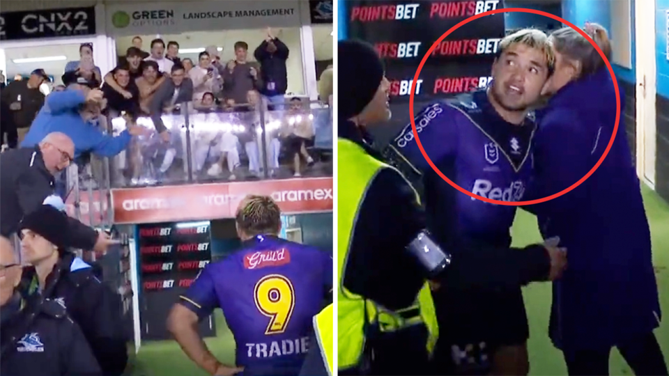 Melbourne Storm's Brandon Smith (pictured right) arguing with fans after being sin binned (pictured left) in an NRL game.