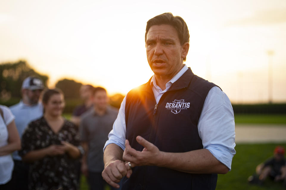 Florida Governor Ron DeSantis speaks at an outdoor campaign stop.