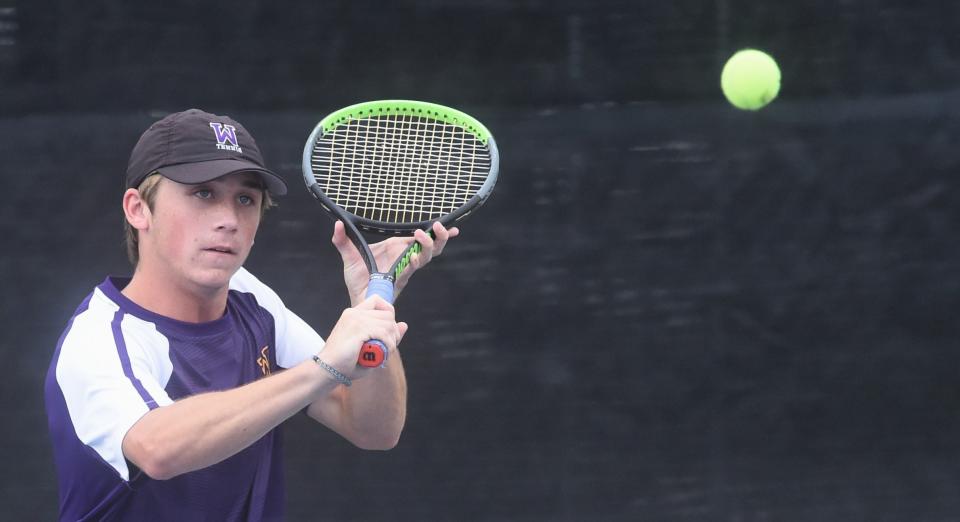 Abilene Wylie's Tate Heureman waits to hit the ball in the boys doubles match against Abilene High's Garrison Scoggin and Victor Sotelo. The AHS duo beat Heureman and Talon Baker 7-6, 6-4, but Wylie won the District 4-5A team tennis match 15-4 on Oct. 3 at the AHS courts.