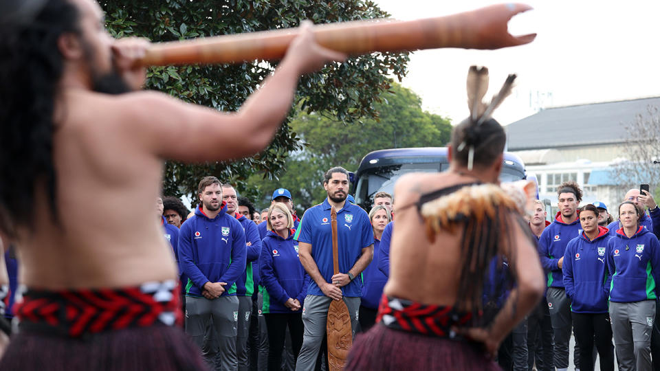 The New Zealand Warriors are pictured being greeted with a powhiri at Mt Smart Stadium in June 2022.