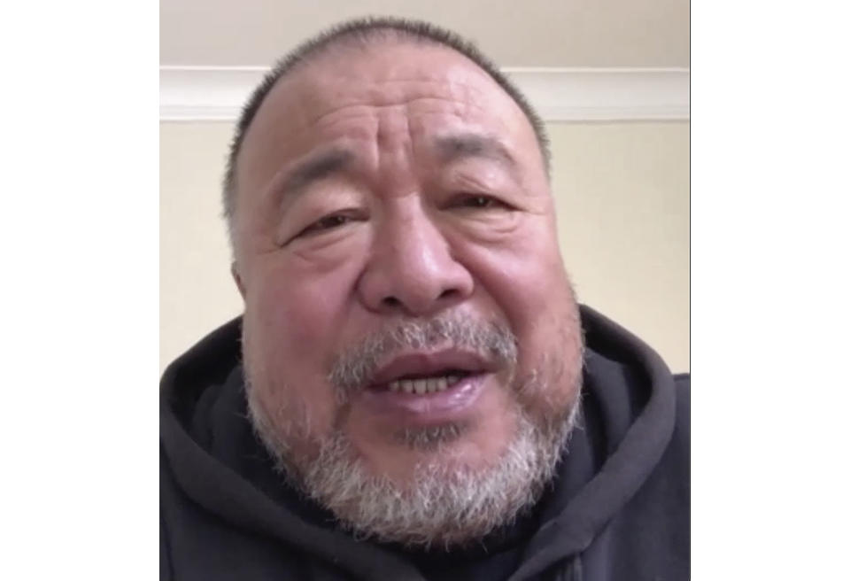 In this image made from a Skype video interview with Chinese artist dissident Ai Weiwei comments on the recent security law planned for Hong kong from a location in Cambridge, England, Wednesday, May 27, 2020. Ai Weiwei believes the newly passed national security law for Hong Kong augurs the end for the semi-autonomous city. (AP Photo/Park Juwon)