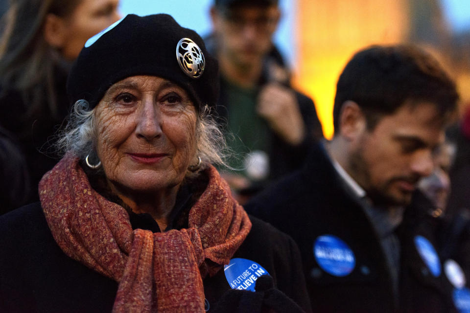 LONDON, ENGLAND - MARCH 01: A supporter of American Democrat candidate Bernie Sanders wears a badge with the slogan 'A Future To Believe In' during a Super Tuesday rally in Parliament Square on March 1, 2016 in London, England. Super Tuesday is a day in the United States presidential primary season where a large number of states hold their primary elections. American citizens abroad are allowed to vote for their chosen candidate at local polling centres. (Photo by Ben Pruchnie/Getty Images)