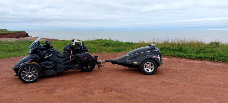 This is the 'spider bike' that took Auburtine all the way from Sudbury, Ontario to Newfoundland, and back. She always wanted one, and purchased it specifically for her big adventure across Atlantic Canada. 