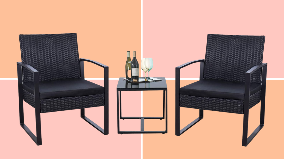 Two sturdy patio chairs but comfortable chairs make this set just right for small spaces.