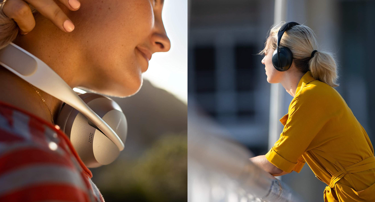 split screen of woman with silver bose headphone around neck, woman wearing green dress wearing black bose headphones