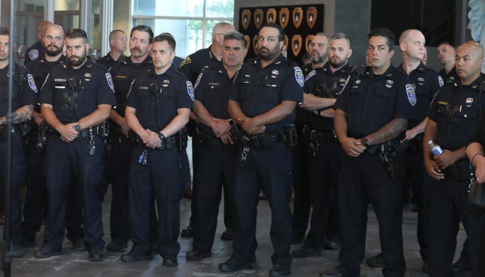 Dozens of RPD officers attended in a show of support during a press conference at the Public Safety Building Friday, July 22, 2022.  Two officer were shot on Bauman St. on Thursday night, and Officer Anthony Mazurkiewicz was killed in the shooting. 