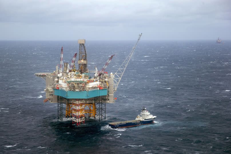 A view of a supply ship at the Edvard Grieg oil field, in the North Sea, February 2016