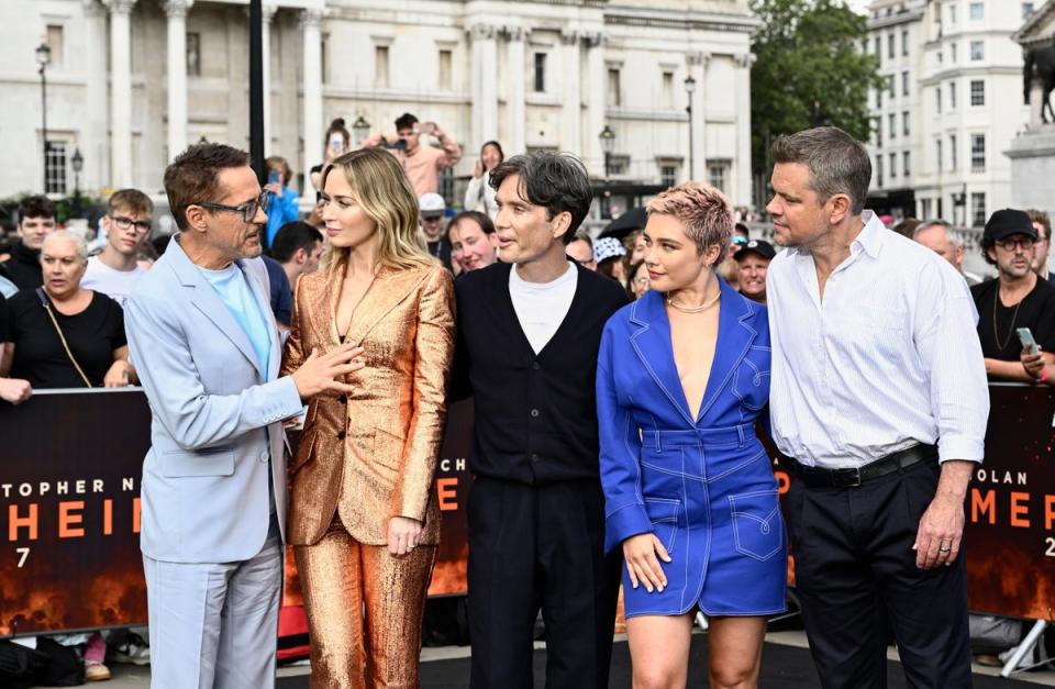 From L-R: Robert Downey Jr, Emily Blunt, Cillian Murphy, Florence Pugh and Matt Damon attend the ‘Oppenheimer’ premiere (Gareth Cattermole/Getty Images)