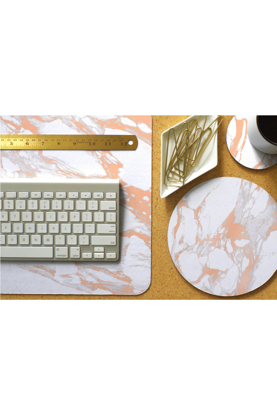 Rose Gold and White Marble Desk Mat, Mouse Pad, and Coaster Set