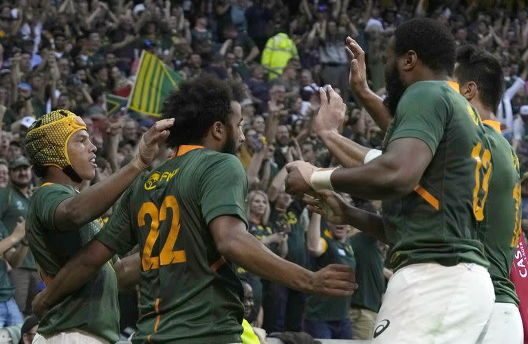 Los Springboks celebran uno de los tries con los que vencieron como locales a los All Blacks, por el Rugby Championships