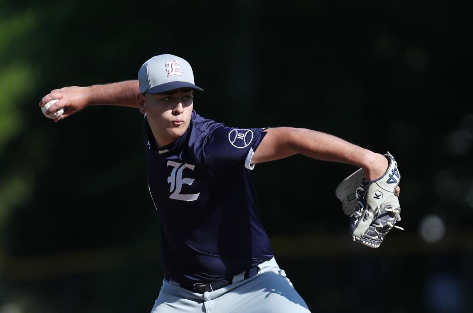 Eastchester's Joe Sabia pitching against Rye during baseball playoff action at Disbrow Park in Rye May 25, 2022. Eastchester won the game 3-2 in extra innings.