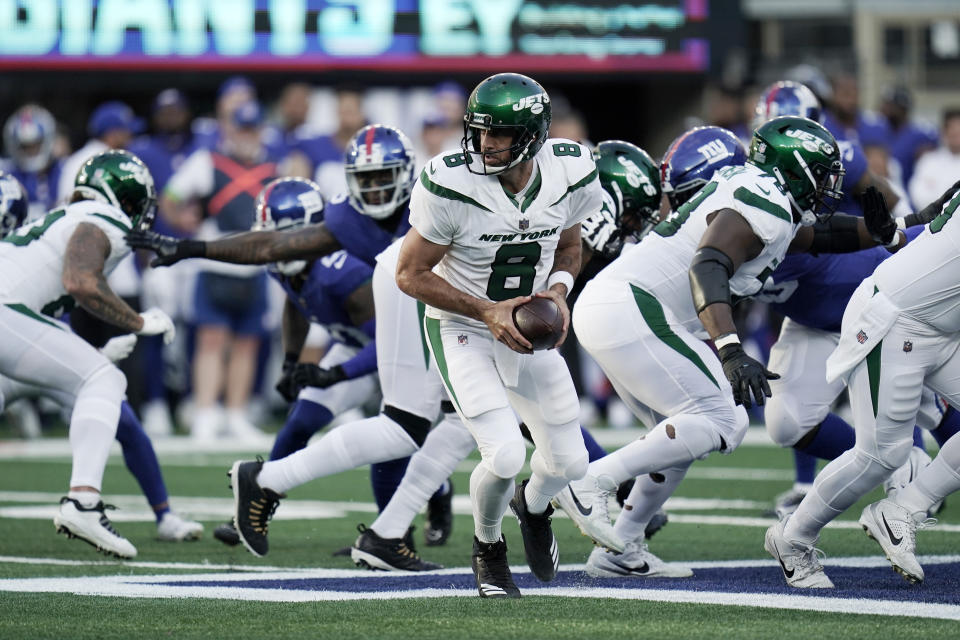 New York Jets quarterback Aaron Rodgers (8) during an NFL football game against the New York Giants, Saturday, Aug. 26, 2023 in East Rutherford, N.J. (AP Photo/Vera Nieuwenhuis)