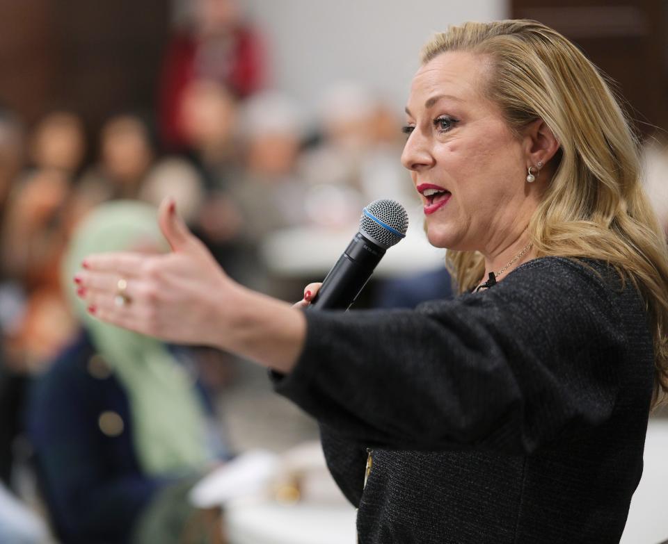 Former U.S. Rep. Kendra Horn speaks during the Muslim Day keynote address on Monday at the Oklahoma Capitol.