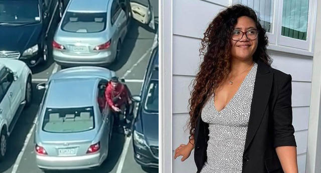 One photo of a pregnant woman&#39;s car being stolen at a hospital in Auckland, and another photo of the woman herself.