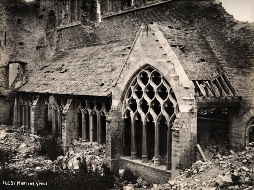 St Martin's Cathedral at Ypres in Belgium, photographed soon after the end of World War One, circa March 1919. This image is from a series documenting the damage and devastation that was caused to towns and villages along the Western Front in France and Belgium during the First World War. (Photo by Popperfoto/Getty Images)