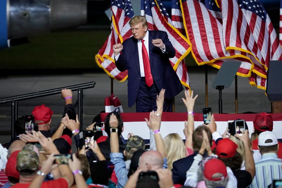 NEWPORT NEWS, VA - SEPTEMBER 25: U.S. President Donald Trump speaks at a campaign rally at Newport News/Williamsburg International Airport on September 25, 2020 in Newport News, Virginia. (Photo by Drew Angerer/Getty Images)