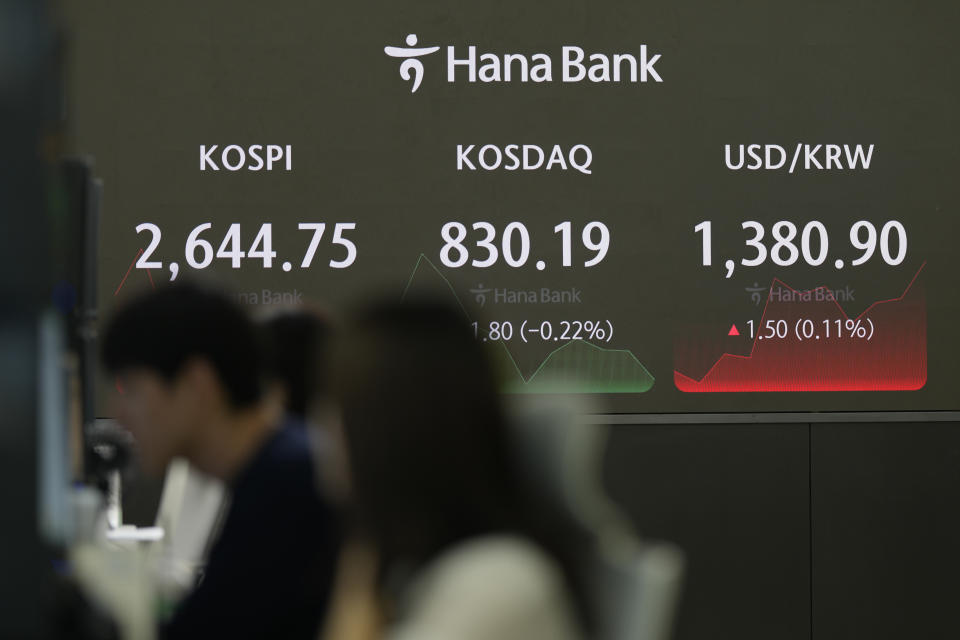 Currency traders watch computer monitors near the screen showing the Korea Composite Stock Price Index (KOSPI), left, the Korean Securities Dealers Automated Quotations (KOSDAQ) and the foreign exchange rate between U.S. dollar and South Korean won at a foreign exchange dealing room in Seoul, South Korea, Friday, May 31, 2024. (AP Photo/Lee Jin-man)