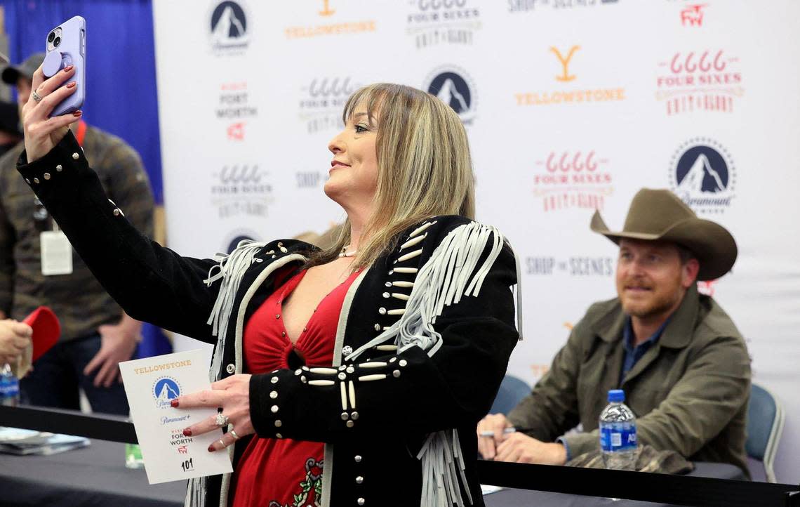 Burleson resident Debbie Fisher takes a selfie with “Yellowstone” actor Cole Hauser at the Fort Worth Stock Show & Rodeo on Friday, February 3, 2023.