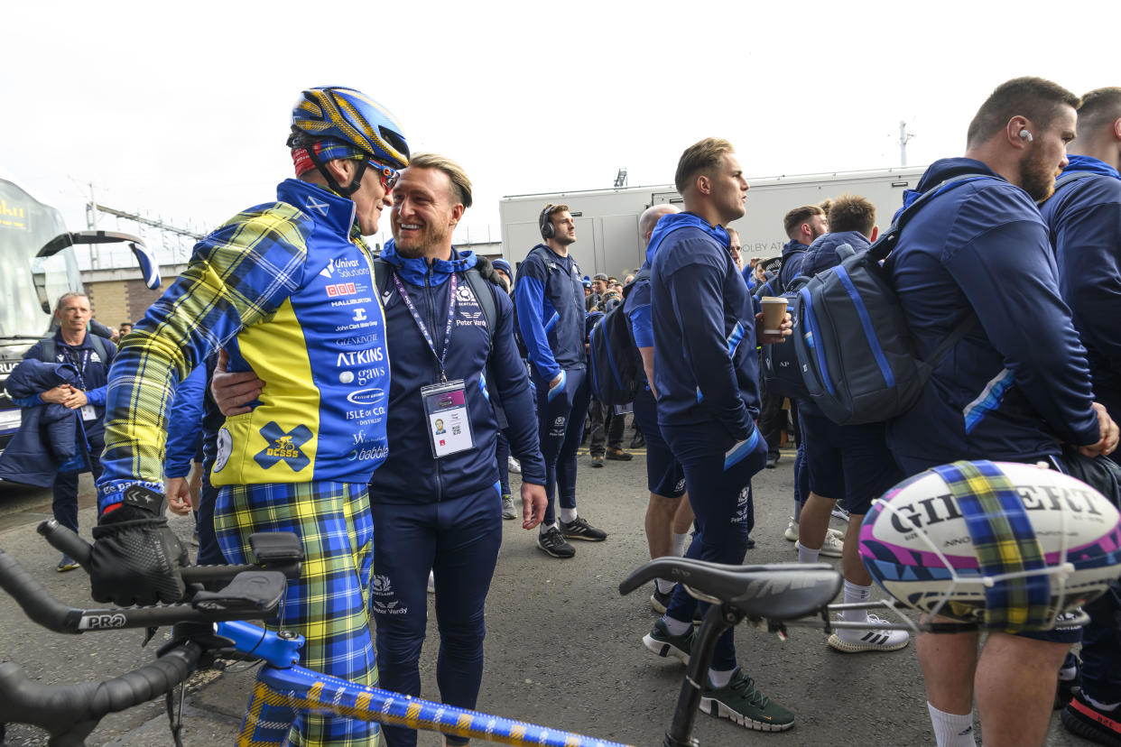 Rob Wainwright, left, with Scotland star Stuart Hogg before presenting the match ball for last weekend’s Scotland v Wales Six Nations match after a Doddie Aid event (Craig Watson/PA)