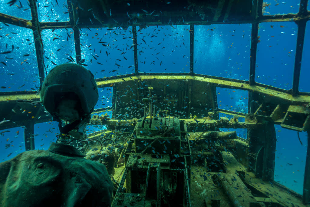 https://www.gettyimages.com/detail/news-photo/pilot-dummy-surrounded-by-schools-of-fish-sits-at-the-news-photo/1288023827?adppopup=true