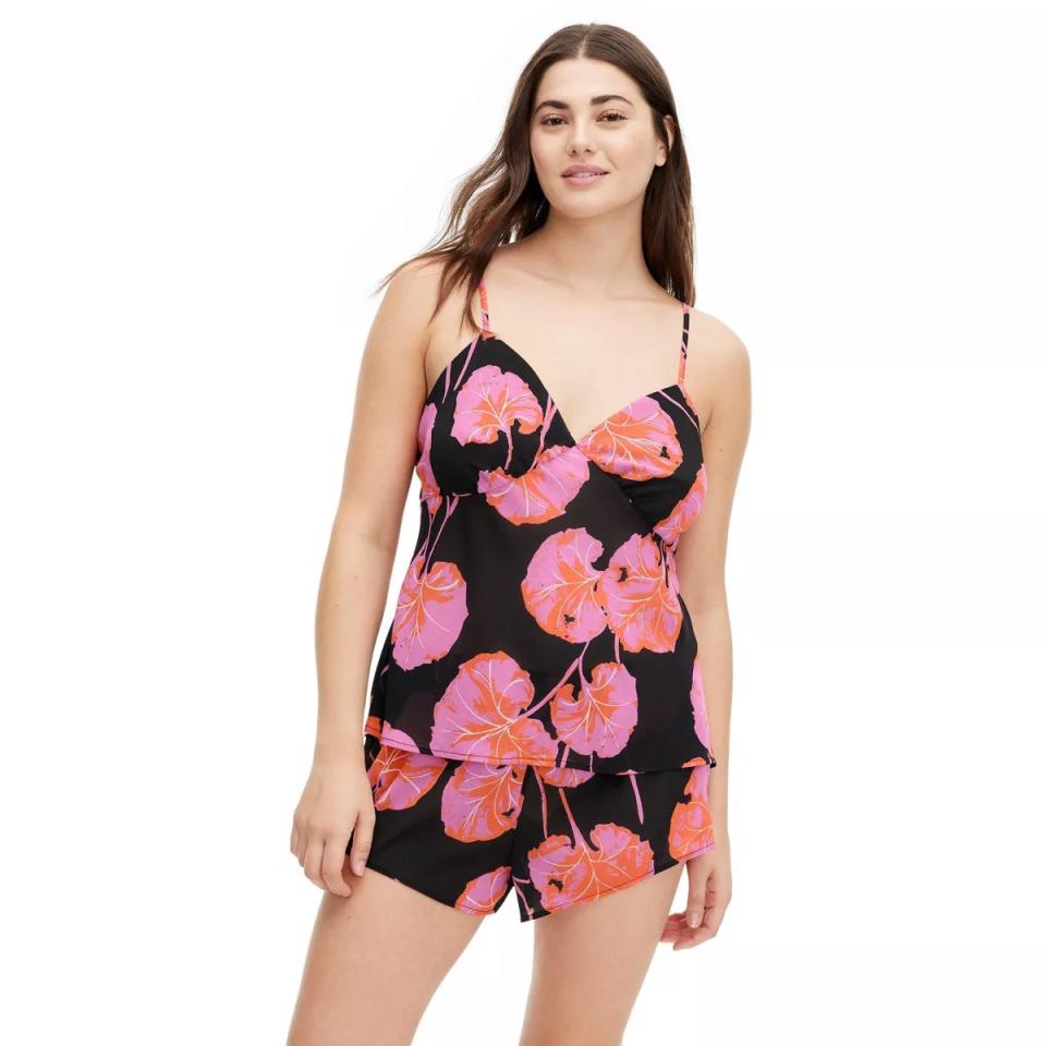 DVF for Target  Satin Cami and Shorts Geranium Leaf Pink/Black Pajama Set