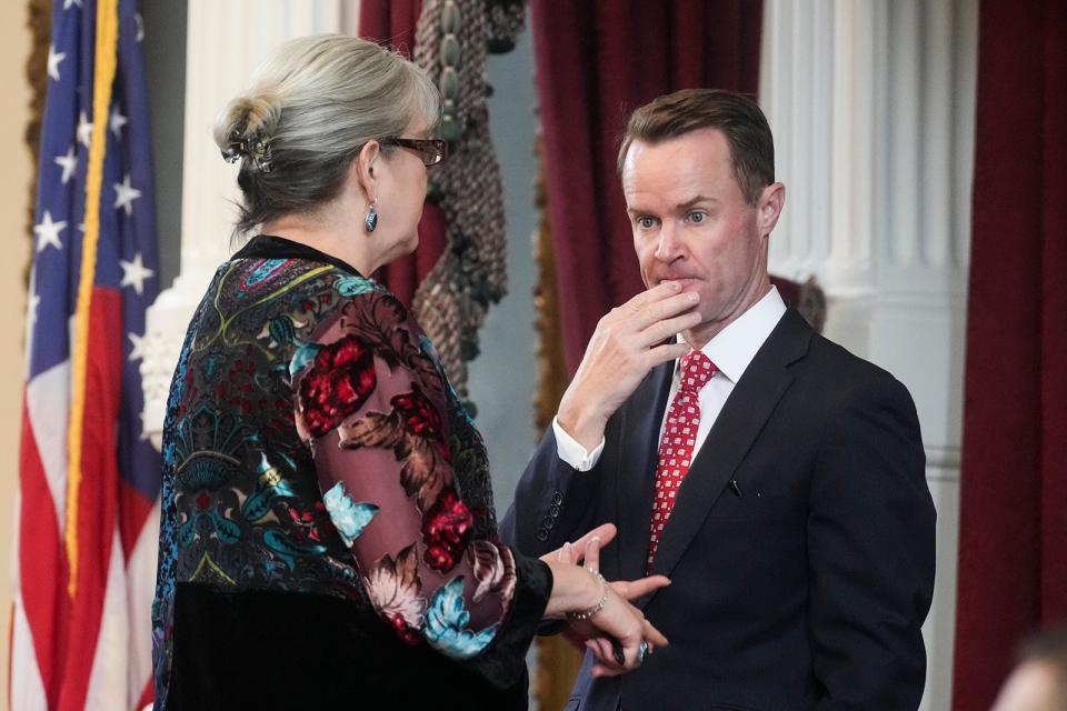 Rep. Dade Phelan, R-Beaumont, speaks with parliamentarian Sharon Carter during Sine Die in the House of Representatives at the Texas Capitol on Monday, May 29, 2023. 