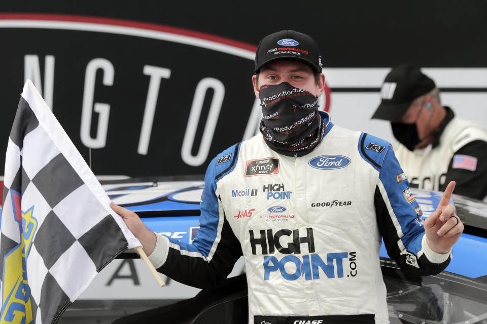 FILE - In this Thursday, May 21, 2020, file photo, Chase Briscoe celebrates after winning the NASCAR Xfinity series auto race in Darlington, S.C. Briscoe is very clear about his goal of earning a promotion to NASCAR's top Cup Series. He's made his case this season with an Xfinity Series-leading five victories with an eye on adding another win Saturday on the road course at Road America. (AP Photo/Brynn Anderson, File)