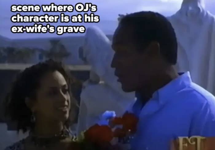 O.J. Simpson in a scene with an actress where his character visits his ex-wife's grave