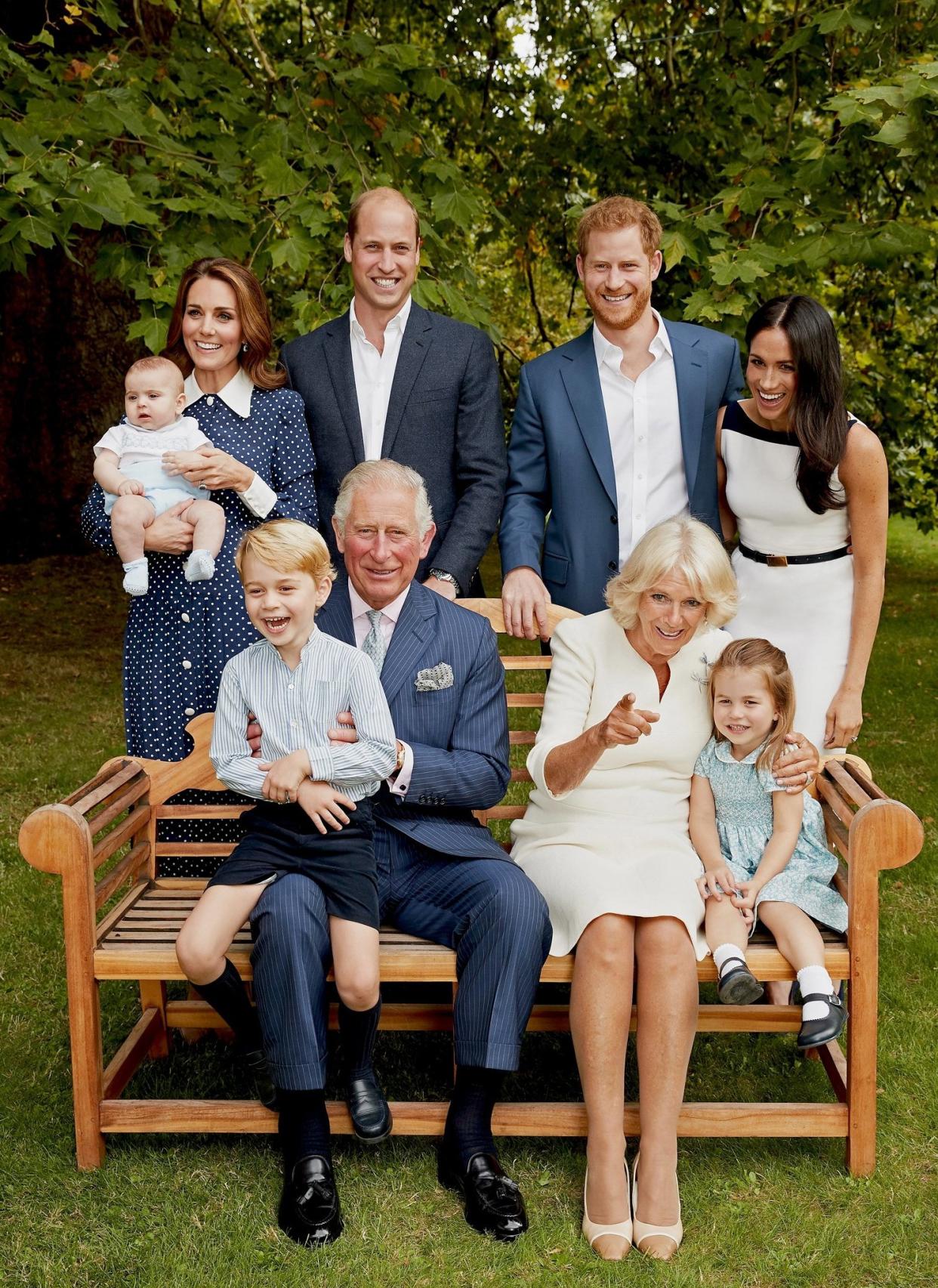 The Prince of Wales poses for an official portrait to mark his 70th Birthday in the gardens of Clarence House, with his wife Camilla Duchess of Cornwall, Prince Willliam Duke of Cambridge, Catherine Duchess of Cambridge, Prince George, Princess Charlotte, Prince Louis, Prince Harry Duke of Sussex and Meghan Duchess of Sussex: Clarence House via Getty Images