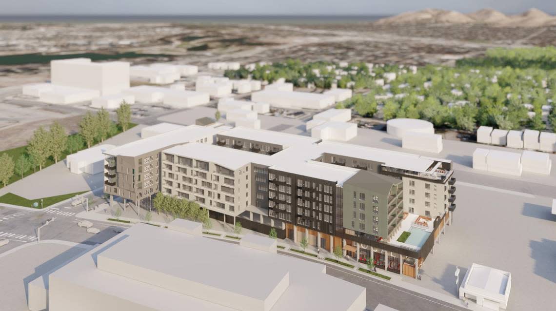 This rendering of the proposed Local Boise Fairview apartments faces northwest.