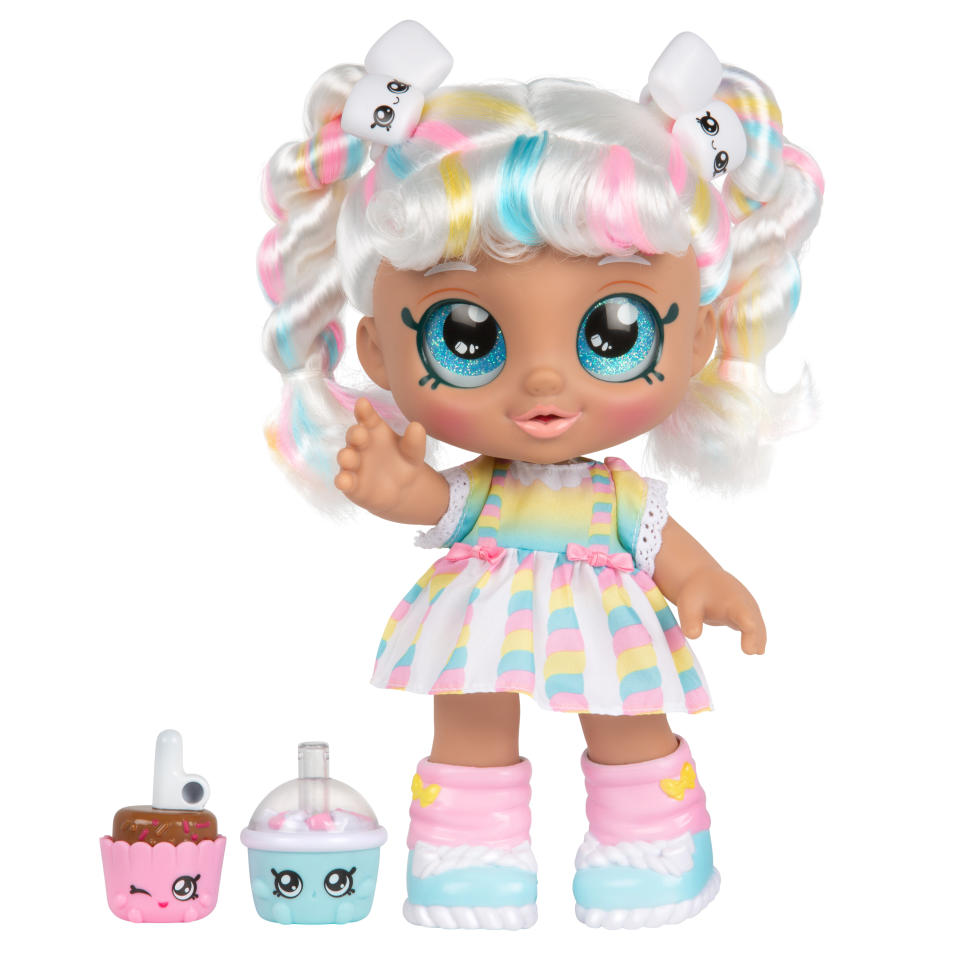 Kindi Kids Snack Time Friends, Marsha Mello - Pre-school 10 inch doll, and 2 Shopkins accessories. Meet the Kindi Kids! The cutest Pre-Schoolers you'll ever see. These adorable girls are full of fun and play! They love attending Rainbow Kindi. A place where every day is about playing and making friends!&nbsp;<a href="https://fave.co/2zLS0v1" target="_blank" rel="noopener noreferrer"><strong>﻿Find it for $25 at Walmart</strong>﻿</a>.