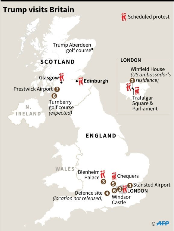 Map of Britain detailing Donald Trump's visit