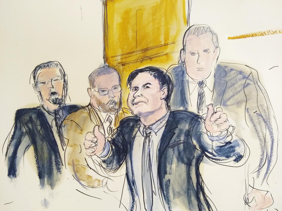 In this courtroom drawing, Joaquin "El Chapo" Guzman, second from right, accompanied by US Marshalls, gestures a "thumbs up" to his wife, Emma Coronel Aispuro, as he leaves the courtroom, Tuesday, Feb. 12, 2019, in New York. The notorious Mexican drug lord was convicted of drug-trafficking charges, Tuesday, Feb. 12 2019, in federal court in New York. Elizabeth Williams via AP)