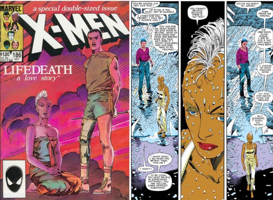 The cover and interior art for Uncanny X-Men #186, "Lifedeath," by Barry Windsor-Smith. 