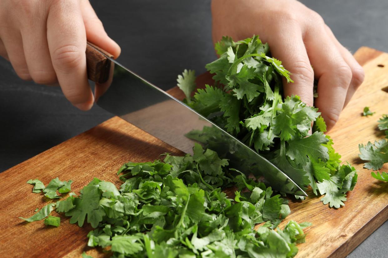 Woman cutting fresh green cilantro at black table, closeup