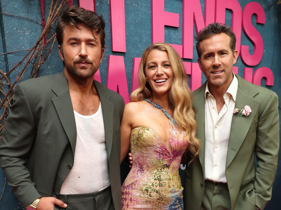 NEW YORK, NEW YORK - AUGUST 06: (L-R) Brandon Sklenar, Blake Lively and Ryan Reynolds at the world premiere of IT ENDS WITH US, in theaters August 9 from Columbia Pictures, at AMC Lincoln Square on August 06, 2024 in New York City.  (Photo by Eric Charbonneau/Getty Images for Sony Pictures)