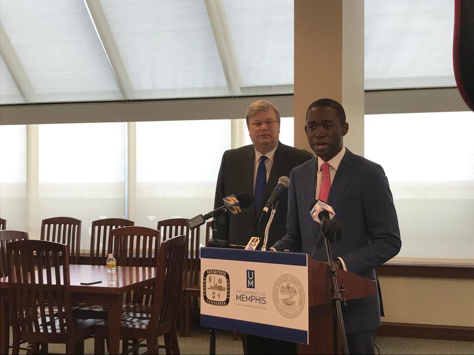 Deputy U.S. Treasury Secretary Wally Adeyemo, right, speaks at the Cecil C. Humphreys School of Law on Tuesday, March 8, 2022. Adeyemo visited Memphis to talk about the successes of the American Rescue Plan Act.