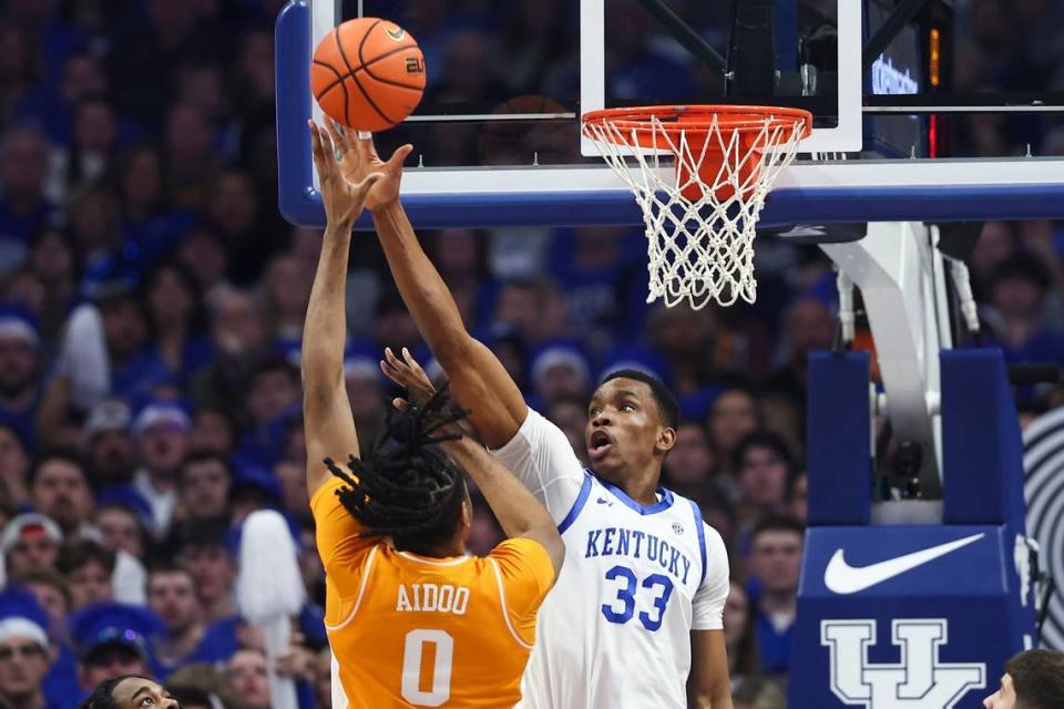 Tennessee big man Jonas Aidoo (0) had 11 points, 11 rebounds and three blocked shots in UT’s 103-92 win over Kentucky at Rupp Arena on Feb. 3.
