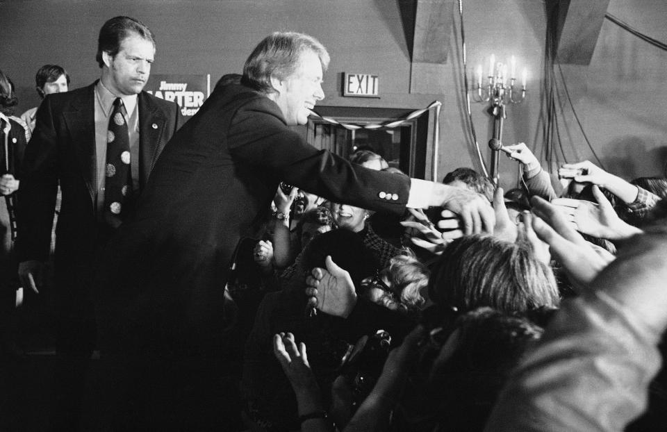 Jimmy Carter after winning the New Hampshire Democratic presidential primary, Feb. 25, 1976, Manchester, N.H.