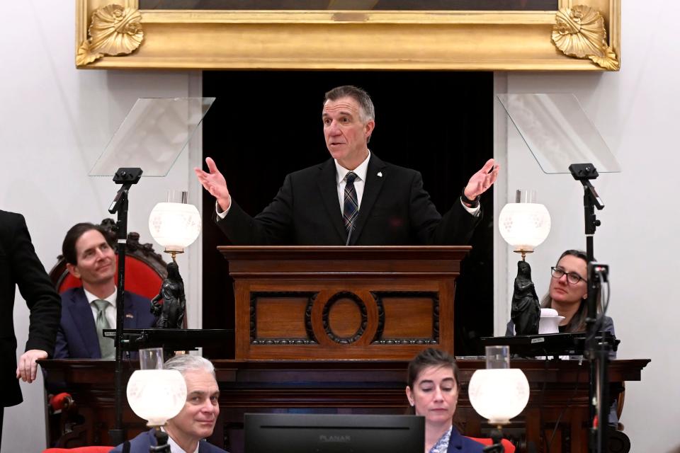 Vermont Gov. Phil Scott delivers his inaugural address, Thursday, January 5, 2023, to a joint assembly of the Vermont General Assembly in Montpelier, Vt., after being sworn in to his fourth term as governor.