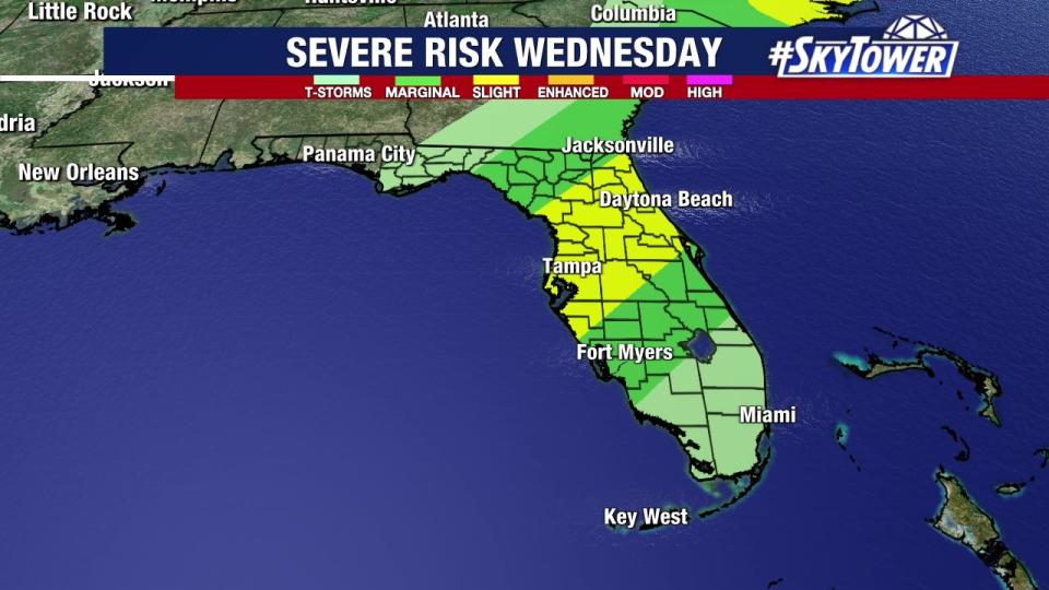 <div>There is a slight risk of severe weather on Wednesday ahead of a cold front.</div>